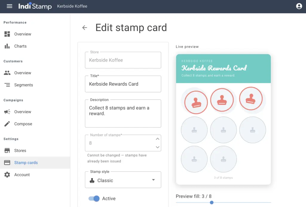 Stamp card setup dashboard